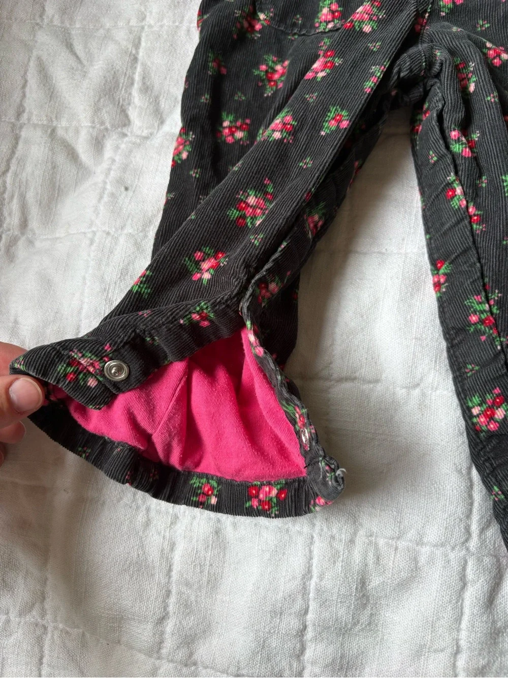Vintage Osh Kosh Baby Girls Black Floral Overalls Pink Accents 12 Months